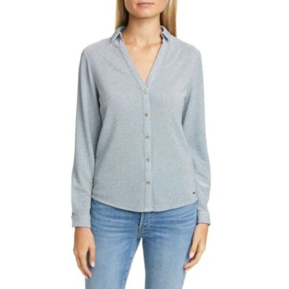 Ted Baker London Castelo Metallic Knit Top Light Blue Glitter Size 5 US 12